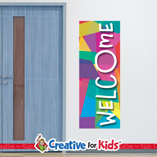 Abstract Colorful Welcome Horizontal Wall Decal Greeting Sign welcomes children and families as they walk down the hallways in your Kids Church, Sunday School Classroom, registration area, or Children's Ministry.
