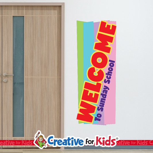 Slanted Welcome To Sunday School Wall Decal Greeting Sign welcomes children and families as they walk down the hallways in your Kids Church, Sunday School Classroom, registration area, or Children's Ministry.