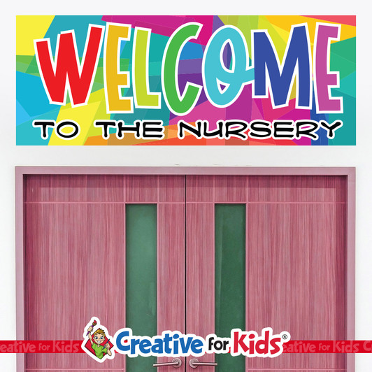 Colorful Welcome To The Nursery Horizontal Wall Decal Greeting Sign welcomes children and families as they walk down the hallways in your Kids Church, Sunday School Classroom, registration area, or Children's Ministry.
