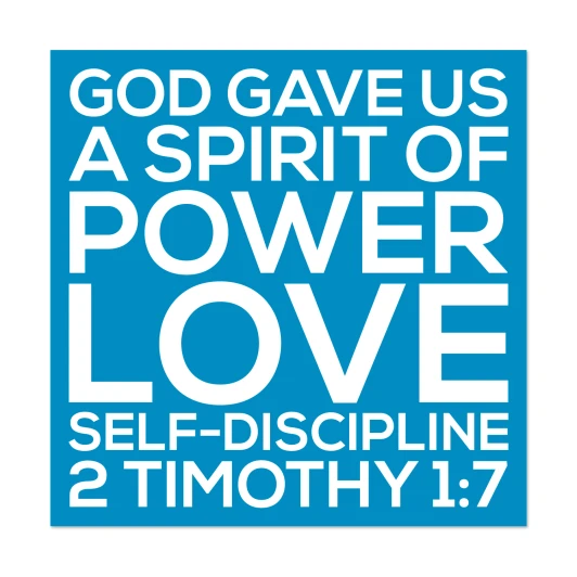 Blue scripture wall decal displaying 2 Timothy 1:7 spirit of power love and self-discipline