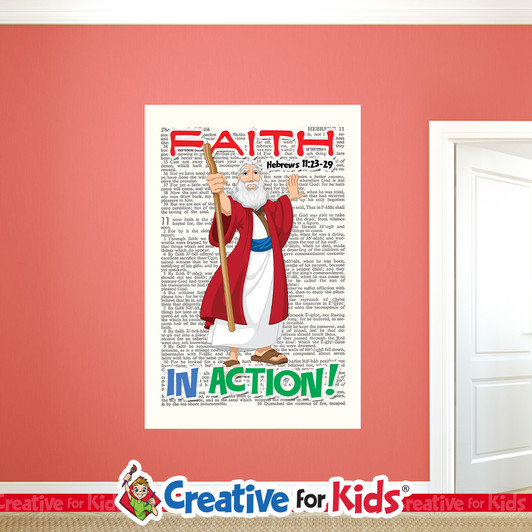 Moses Faith In Action Bible Verse Scripture Wall Decal a fun and effective way to teach Bible Verses to kids and hide the word in their hearts. Creative For Kids wall decals perfect for your Sunday School, kids church, or Children's Ministry hallways.