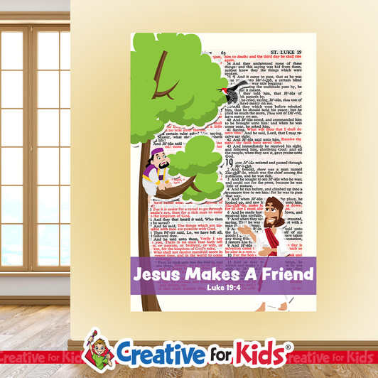 Jesus Makes A Friend Zacchaeus Bible Story Scripture Page Wall Decal will bring the stories of the Bible to life on the walls of your Sunday School, kids church, or Children's Ministry hallways.