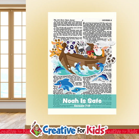 Noah Safe From Flood In The Ark Bible Story Scripture Page Wall Decal reminds kids and families of amazing Bible heroes and stories on their way to their Sunday School classroom, in kids church, or Children's Ministry.