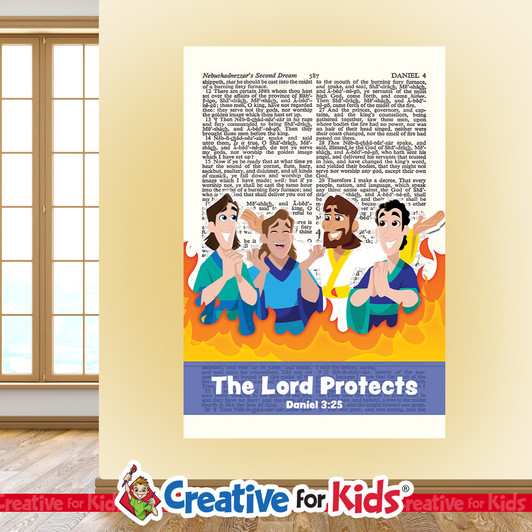 The Lord Protects From Firey Furnace Scripture Page Wall Decal reminds kids and families of amazing Bible heroes and stories on their way to their Sunday School classroom, in kids church, or Children's Ministry.