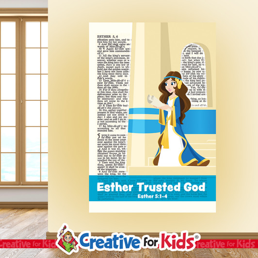 Queen Esther Trusted God Scripture page Wall Decal reminds kids and families of amazing Bible heroes and stories on their way to their Sunday School classroom, in kids church, or Children's Ministry.