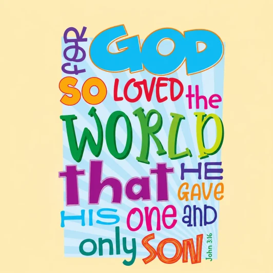 Christian wall decal "For God so Loved the World" colorful text, kids room, Bible verse John 3:16, educational, inspirational, easy to apply