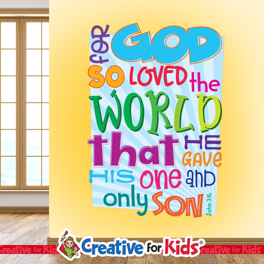 God So Loved The World Bible Verse Wall Decal offers a budget friendly Biblically focused way to decorate your Sunday School classroom, kids church, or Children's Ministry hallways.