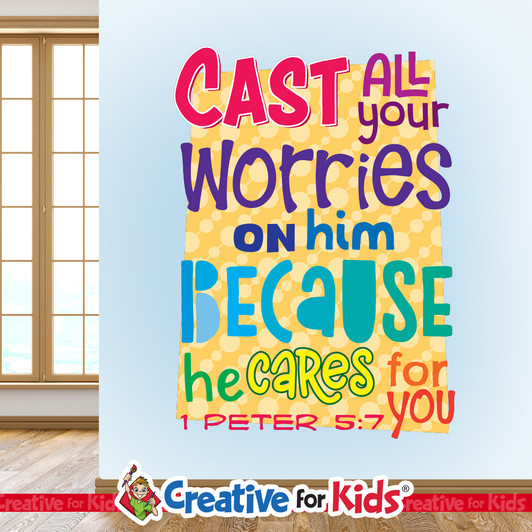 Cast All Your Worries On Him Bible Verse Wall Decal offers a budget friendly Biblically focused way to decorate your Sunday School classroom, kids church, or Children's Ministry hallways.