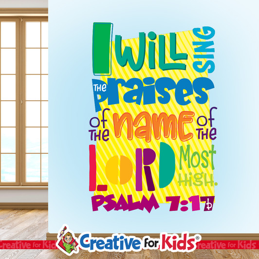 I Will Sing The Praises Bible Verse Wall Decal offers a budget friendly Biblically focused way to decorate your Sunday School classroom, kids church, or Children's Ministry hallways.