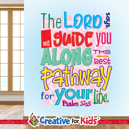 I Will Guide You Along The Best Pathway Bible Verse Wall Decal offers a budget friendly Biblically focused way to decorate your Sunday School classroom, kids church, or Children's Ministry hallways.