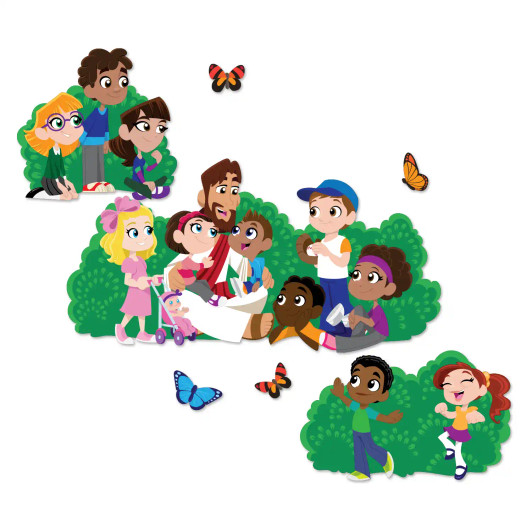 Jesus with children vinyl wall decal set arranged on white background.