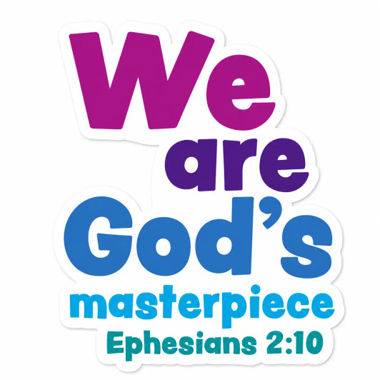 Colorful Ephesians 2:10 scripture wall decal with the phrase “We are God’s masterpiece” displayed on a white background.