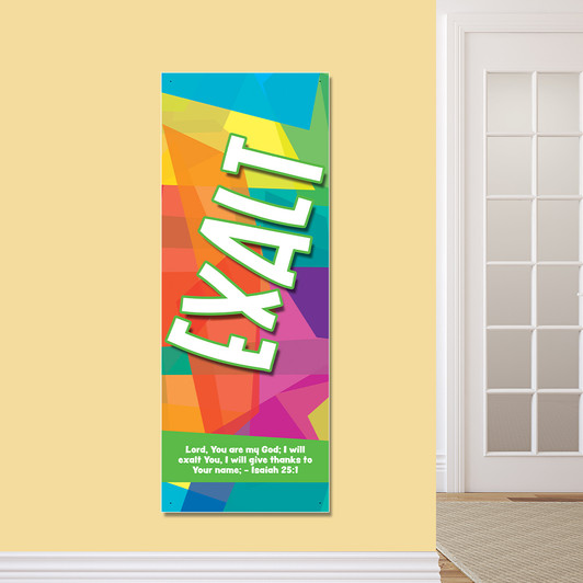 Exalt Worship Kids Church Banner encourages kids to worship Jesus in kids church, Sunday school, classrooms, hallways, and registration areas. They will inspire kids to do what they were created to do, worship God! All vinyl banners include the option of grommets or no grommets.