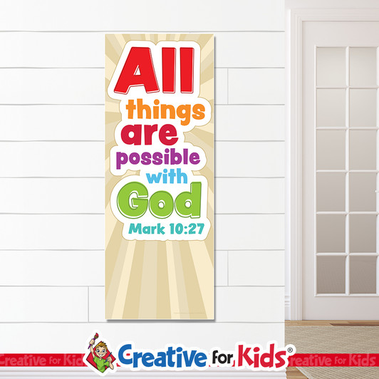 All Things are Possible Bible Verse Scripture Banner are designed for Sunday school, Kids church, homeschool, child care, and children's ministry. They come with or without grommets and are for indoor use and made from heavyweight vinyl for years of enjoyment.