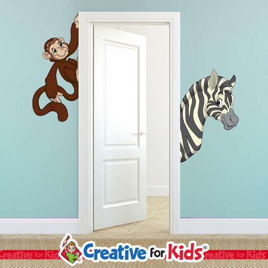 Zebra and Monkey Door Frame Wall Decal Groupings are an easy to install, budget friendly, addition to the building project of your Kids Church, Sunday School, Class room, hallways, in your Children's Ministry.