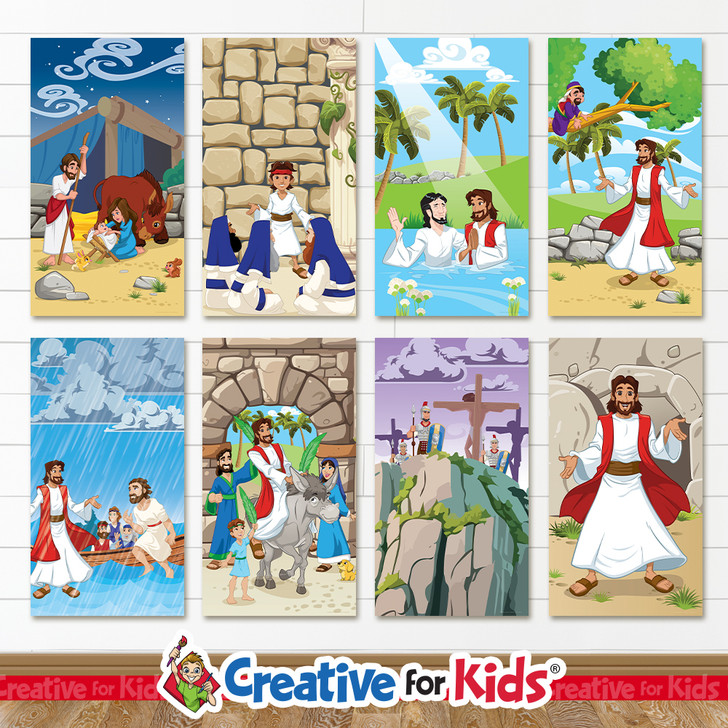 Life of Jesus Set of 6 Banners, Nativity, Jesus birth, Jesus in the temple, Jesus Baptised, Jesus walks on water, Jesus on a donkey, Palm Sunday, He is risen, Jesus is alive, Easter, Creative For kids Bible Story Banners are wall decor and wall hangings designed for Sunday school, Kids church, homeschool, child care, and children's ministry.