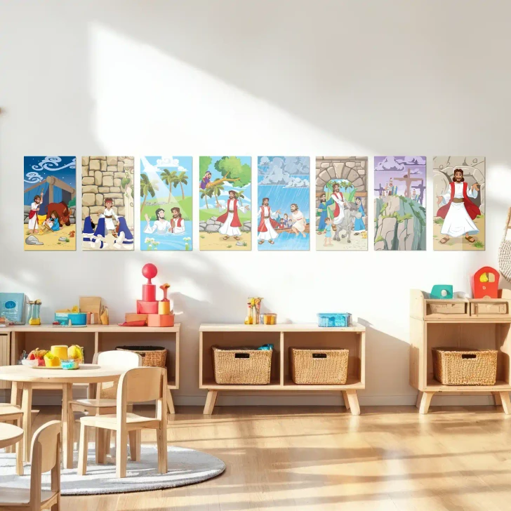 Life of Jesus banner set displayed in children's classroom
