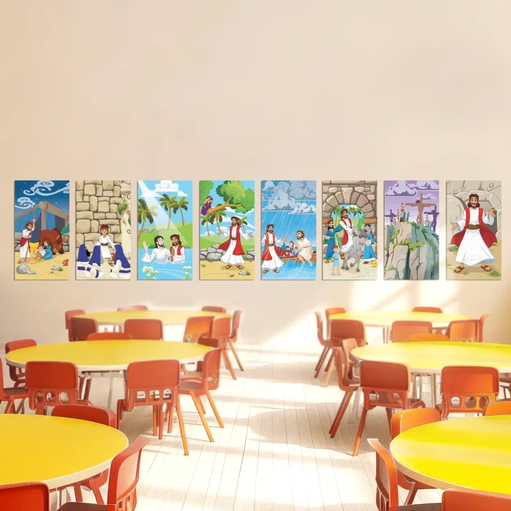 Life of Jesus banners displayed in Christian classroom