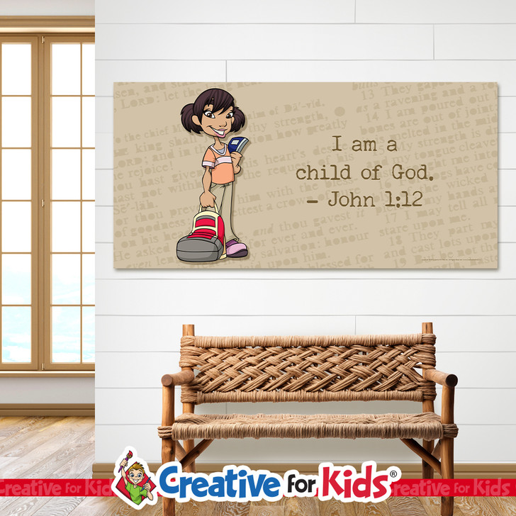 John 1:12 I am a child of God Minimal Scripture Banner is a great way to display Bible verses in Sunday school, Kids Church, Children's Ministry.