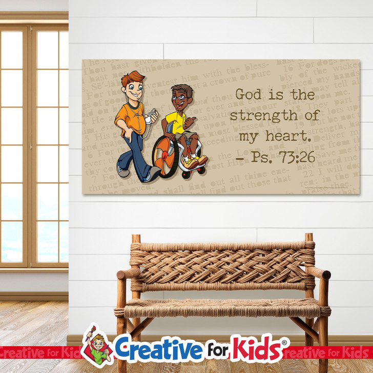 God is the strength of my heart Minimal Scripture Banner is a great way to display Bible verses in Sunday school, Kids Church, Children's Ministry.