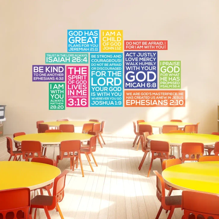 Scripture memory wall decals in Sunday school classroom