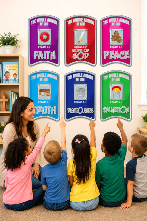 Children learning the Armor of God with colorful Christian wall decals in a Sunday school classroom as a teacher points to Bible-based visual teaching aids featuring faith, truth, righteousness, salvation, peace, and the Word of God.