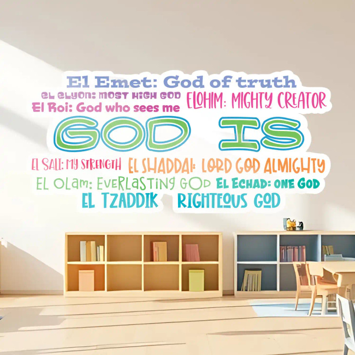 God Is Word Cloud Wall Decal, Sunday school wall decal for, Kids church décor, homeschool, childcare, Preschool decal, Nursery décor, or in your classroom.