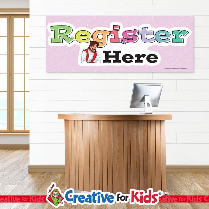 Register Here Horizontal Banner help make children and families feel welcome. Designed for Nursery Hallway, Preschool Hallway, and Bible Story Hallway. This Bible Story Wall Hanging is a welcoming decor when added as a Sunday School Banner, Kids Church Banner, or Preschool Banner.