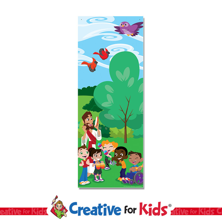 Jesus Singing PreK Bible Stories Worship Banner encourages kids to spend time with Jesus as they walk down the children’s ministry hallway,in their Sunday School classroom, or in kids church. All vinyl banners include the option of grommets or no grommets.