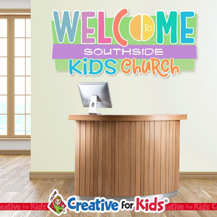 Custom Welcome to Kids Church Wall Decal can be personalized for Children's Church, Sunday School, or Kids Church spaces