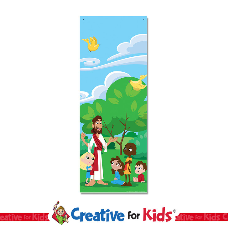 Jesus Teaching PreK Bible Stories Banner encourages kids to spend time with Jesus as they walk down the children’s ministry hallway,in their Sunday School classroom, or in kids church. All vinyl banners include the option of grommets or no grommets.