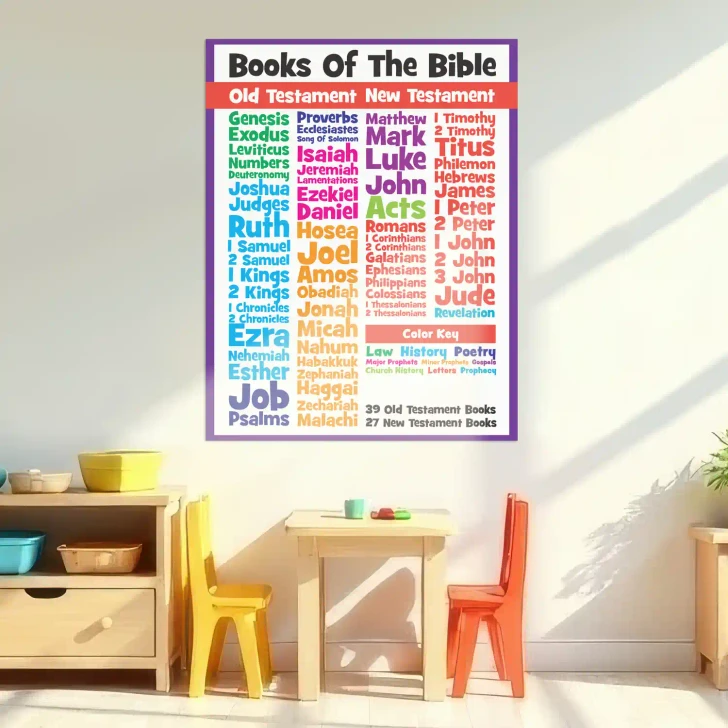 Books of the Bible wall decal displayed on a classroom wall with natural light from nearby windows.