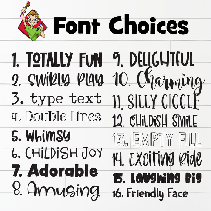 Font selection chart showing 16 font styles available for personalized Child Dedication T-shirts, baby dedication shirts, and custom church apparel.