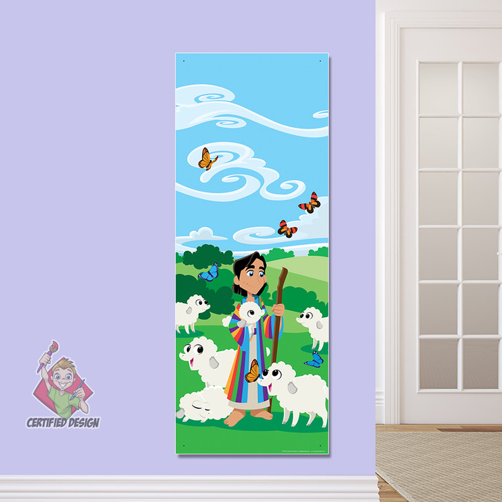 Joseph's Many Colors Coat PreK Bible Stories Banner introduces kids to Heroes of the  Bible that inspire them on their way to their Sunday School classroom, in kids church, Nursery, Preschool or Registration area. All vinyl banners include the option of grommets or no grommets.