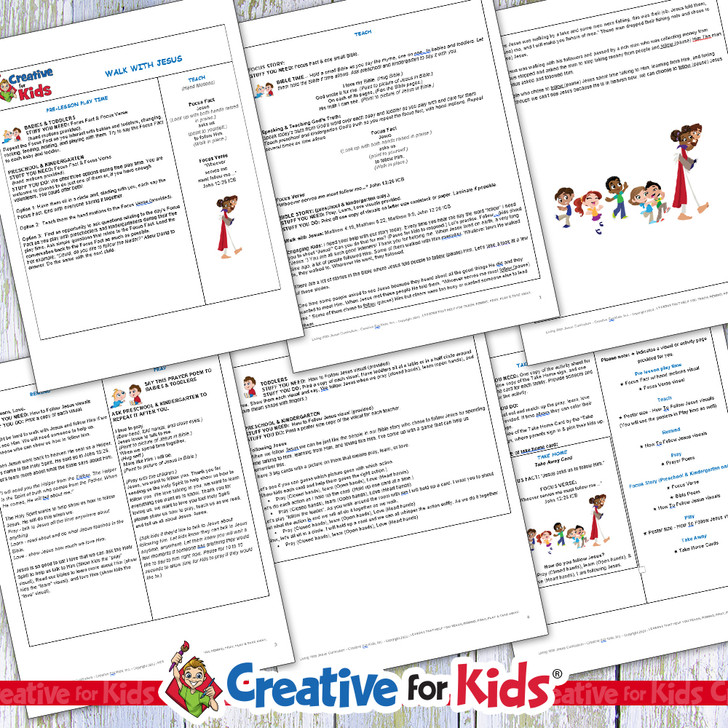 Printable preschool Bible lesson titled “Walk with Jesus” featuring colorful Bible verse coloring pages, Sunday school craft materials, and a take-home card. Designed for Christian homeschool, Sunday school, and early childhood faith education. For ages 2–6.