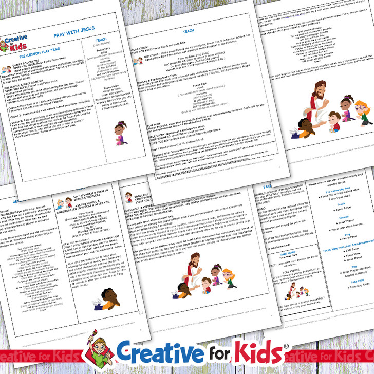 Printable preschool Bible lesson titled “Pray with Jesus” featuring colorful Bible verse coloring pages, Sunday school craft materials, and a take-home card. Designed for Christian homeschool, Sunday school, and early childhood faith education. For ages 2–6.