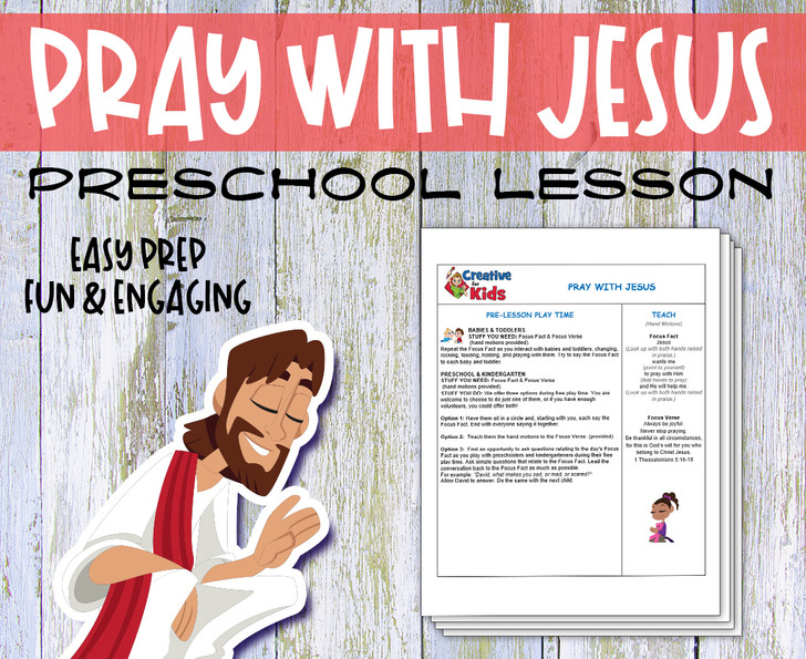 Printable preschool Bible lesson titled “Pray with Jesus” featuring colorful Bible verse coloring pages, Sunday school craft materials, and a take-home card. Designed for Christian homeschool, Sunday school, and early childhood faith education. For ages 2–6.