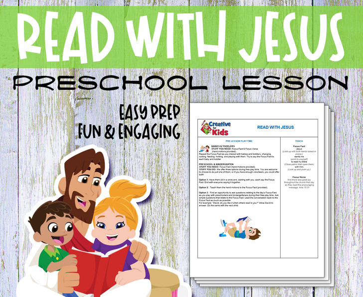 Printable preschool Bible lesson titled “Read with Jesus” featuring colorful Bible verse coloring pages, Sunday school craft materials, and a take-home card. Designed for Christian homeschool, Sunday school, and early childhood faith education. For ages 2–6.