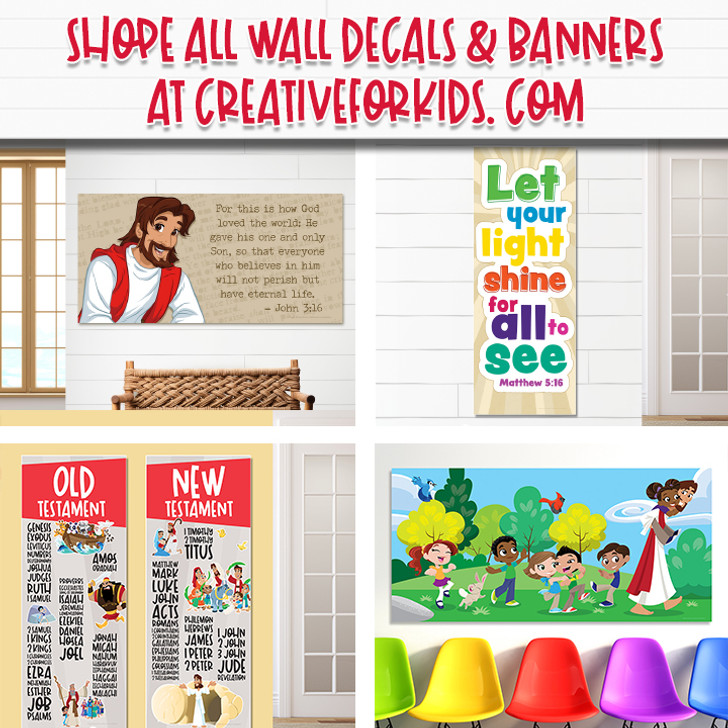 Colorful display of children’s ministry resources from CreativeForKids.com, featuring Bible verse wall decals, printable Sunday school activities, preschool games, Christian lesson plans, and faith-based banners for classrooms and nurseries. Perfect for churches, homeschool families, and Christian educators.