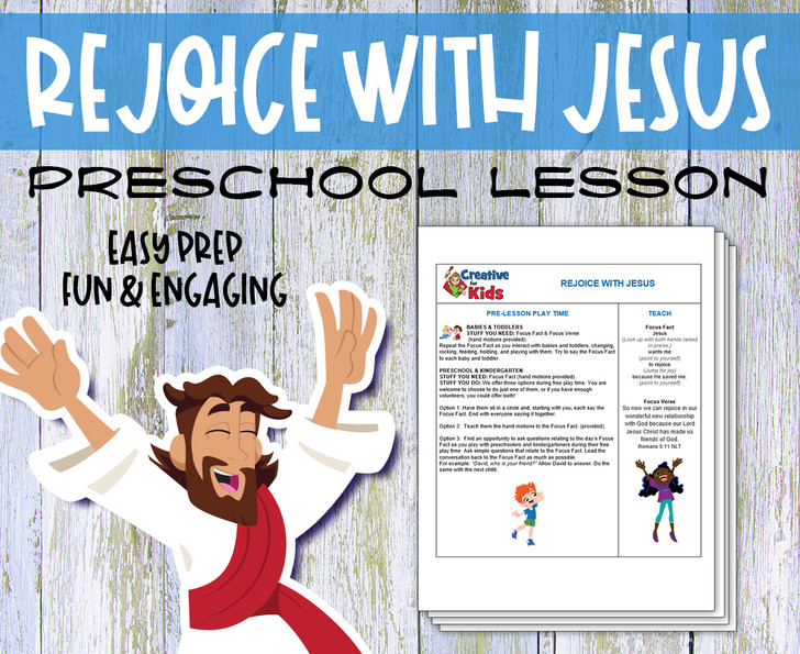 Printable preschool Bible lesson titled “Rejoice with Jesus” featuring colorful Bible verse coloring pages, Sunday school craft materials, and a take-home card. Designed for Christian homeschool, Sunday school, and early childhood faith education. For ages 2–6.