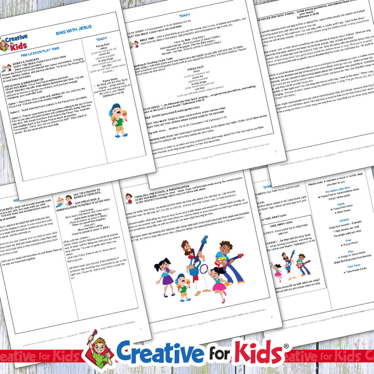 Printable preschool Bible lesson titled “Sing with Jesus” featuring colorful Bible verse coloring pages, Sunday school craft materials, and a take-home card. Designed for Christian homeschool, Sunday school, and early childhood faith education. For ages 2–6.