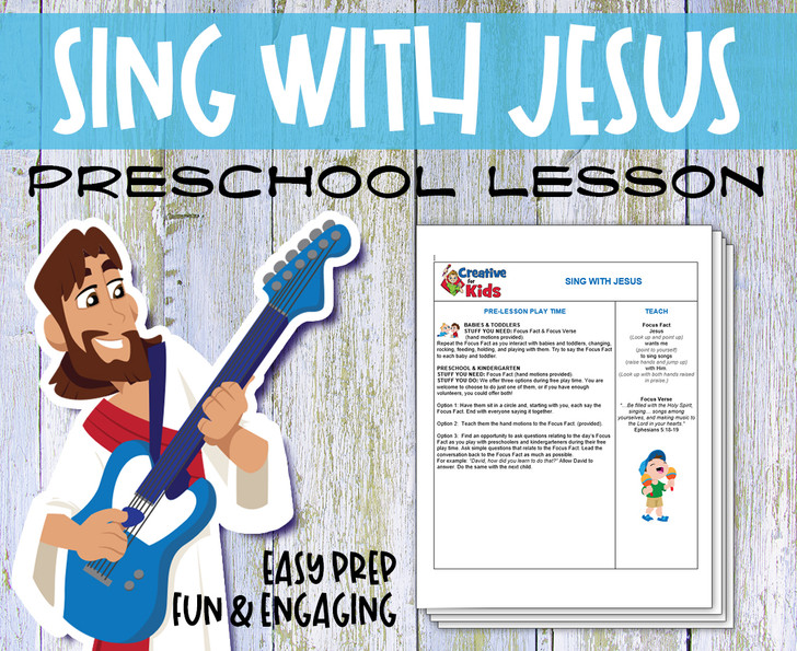 Printable preschool Bible lesson titled “Sing with Jesus” featuring colorful Bible verse coloring pages, Sunday school craft materials, and a take-home card. Designed for Christian homeschool, Sunday school, and early childhood faith education. For ages 2–6.