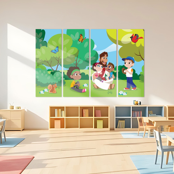 Preschool and kindergarten wall art showing Jesus with children in a colorful outdoor scene, used for Sunday School and children’s ministry classrooms, printed on durable vinyl.
