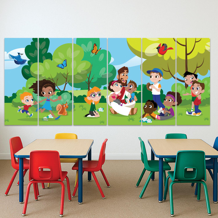 Cartoon-style scene of Jesus outdoors with children who are reading, playing music, tending a campfire, and interacting with animals in a bright park setting.