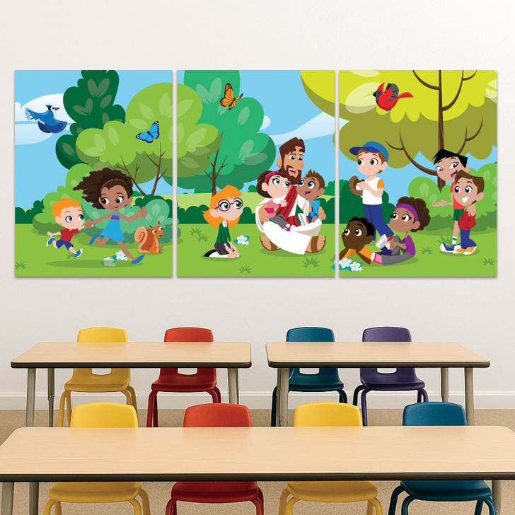 Cartoon-style scene of Jesus outdoors with children who are reading, playing music, tending a campfire, and interacting with animals in a bright park setting.