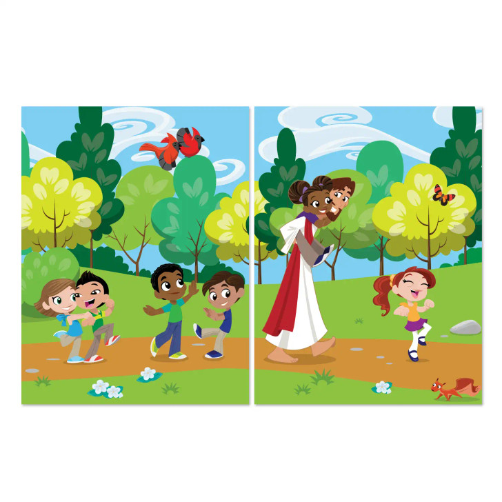 Illustration of Jesus walking with preschool and kindergarten-aged children in a bright park, shown on a multi-panel vinyl banner