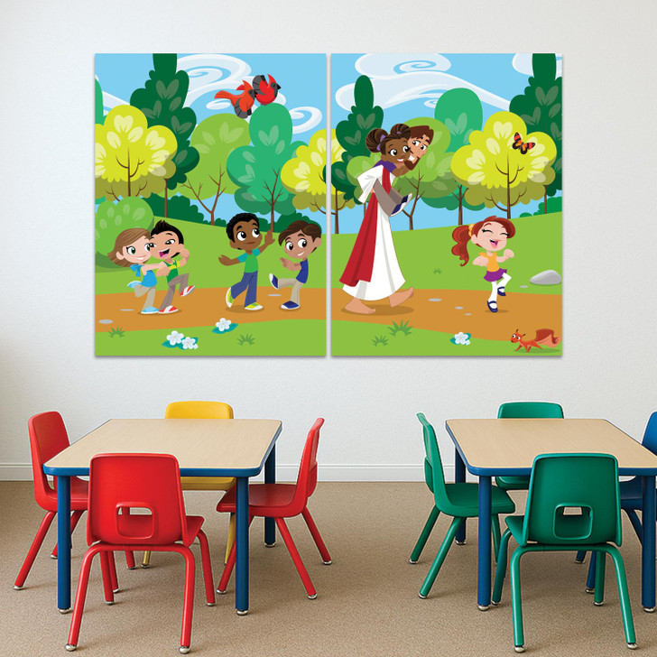 Illustration of Jesus walking with preschool and kindergarten-aged children in a bright park, shown on a multi-panel vinyl banner