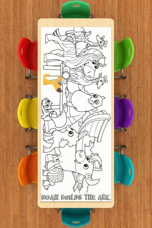 Large Noah builds the ark coloring table runner on a classroom table with colorful chairs, ideal for kids ministry and homeschool activities.
