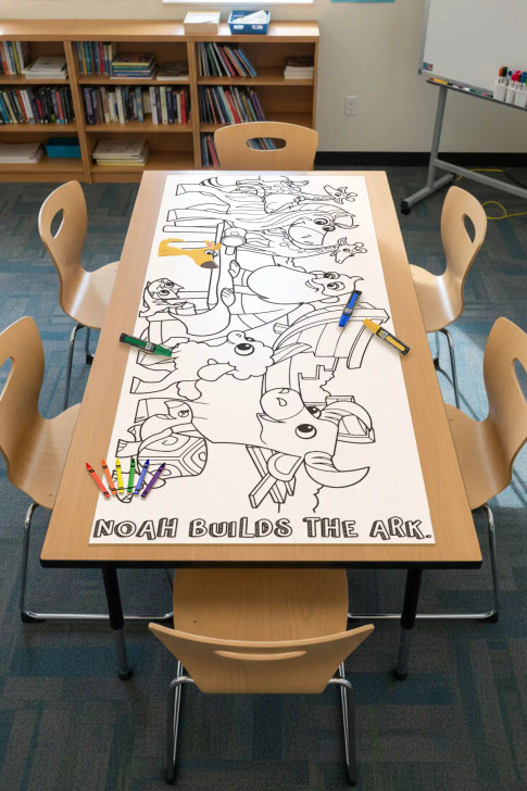Noah builds the ark coloring table runner placed on a classroom table with crayons, designed for Sunday school and homeschool Bible lessons.