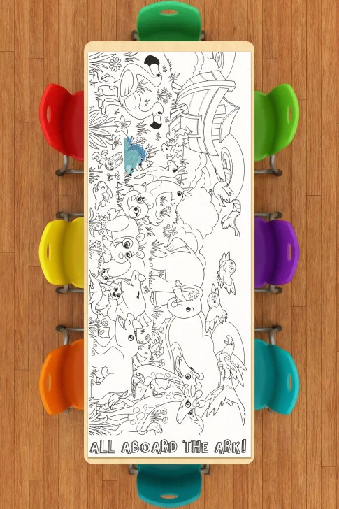 Noah’s Ark coloring table runner placed on a classroom table surrounded by colorful chairs for Sunday school or homeschool Bible activities.